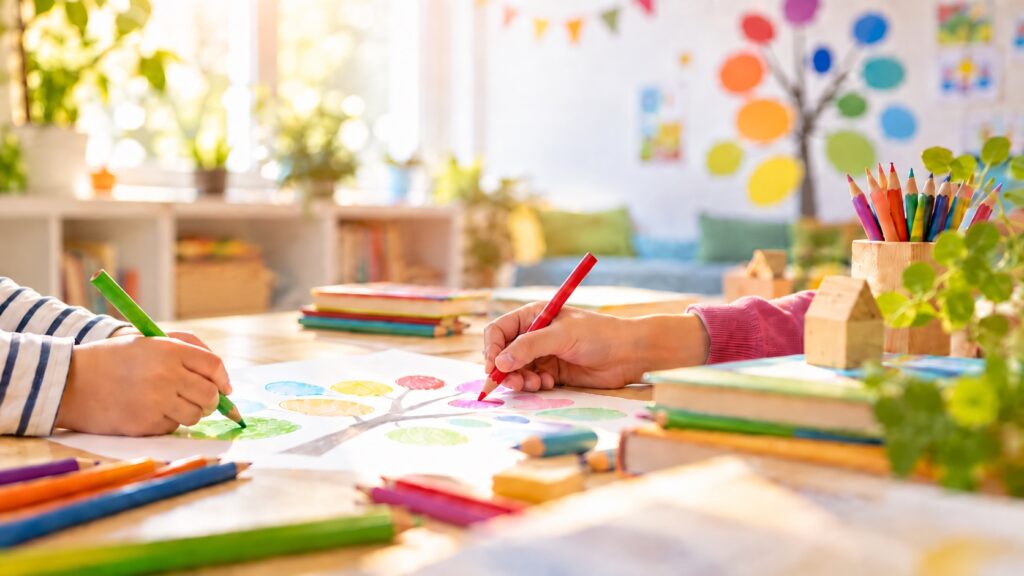 Kinder gestalten gemeinsam einen bunten Baum